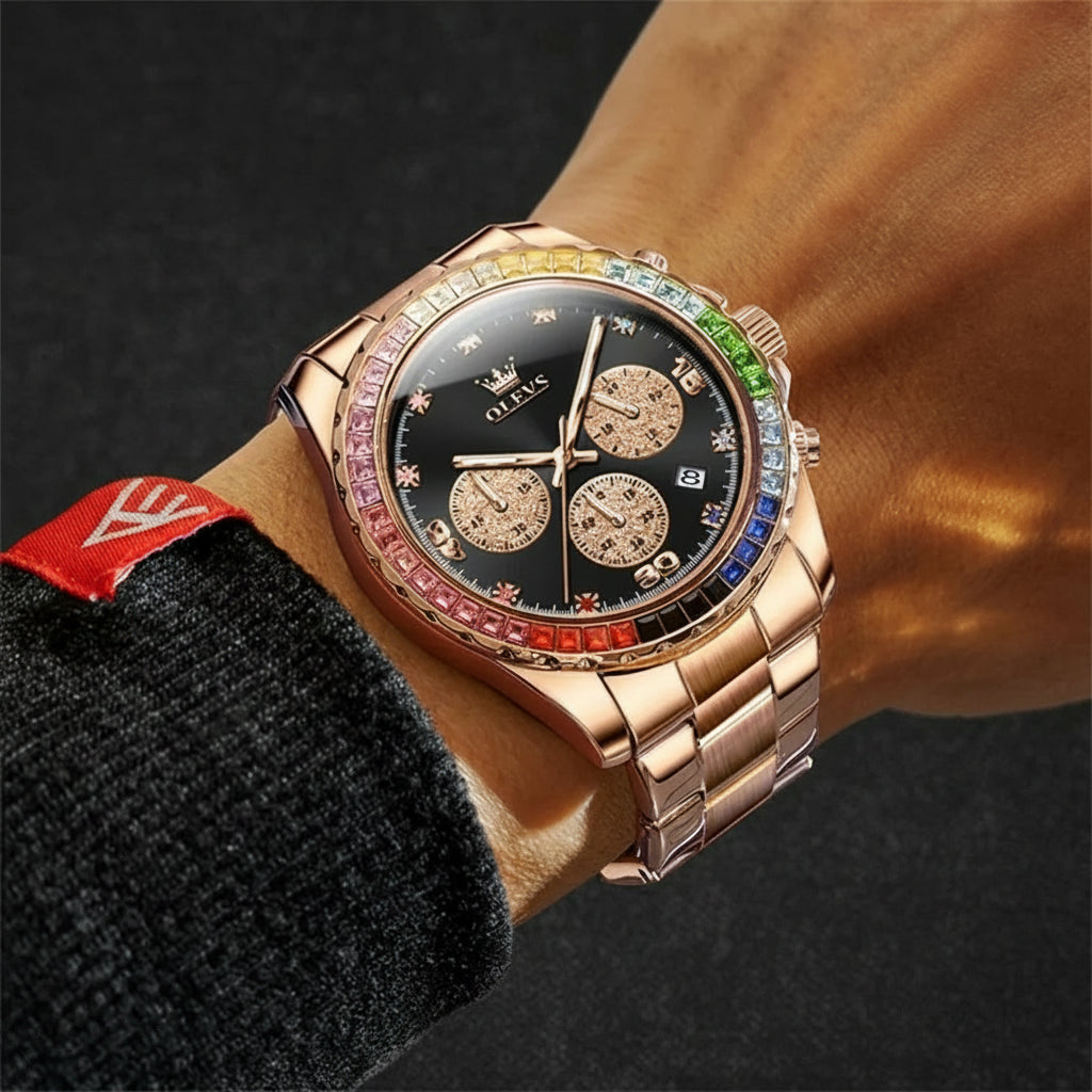 Montre Homme Quartz de Luxe | Lunette Gemmes Arc-en-ciel, Business & Étanche