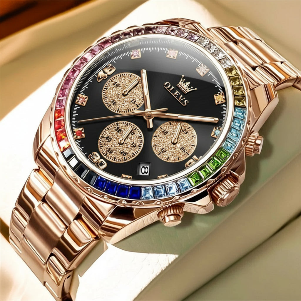 Montre Homme Quartz de Luxe | Lunette Gemmes Arc-en-ciel, Business & Étanche