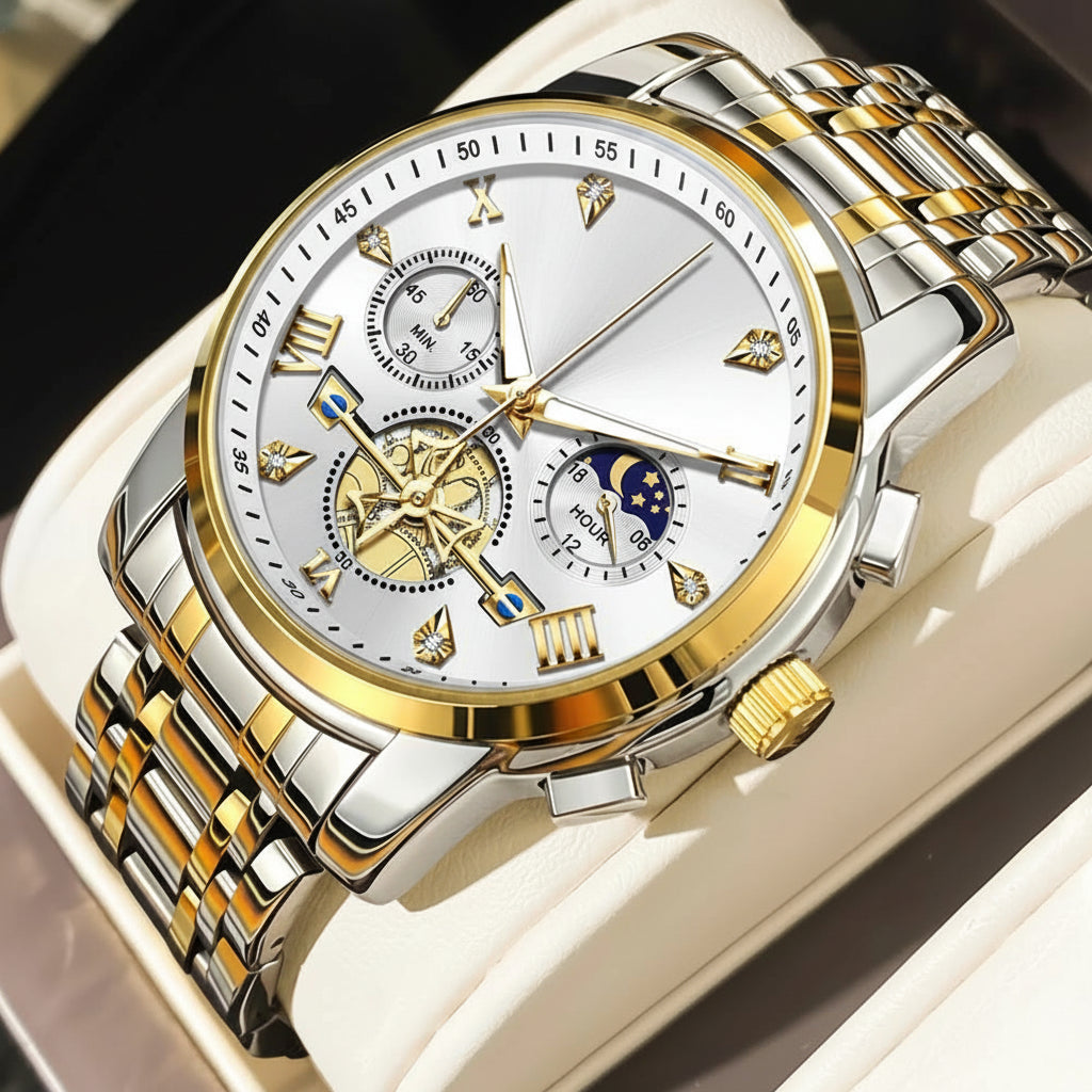 Montre Mécanique Automatique Homme | Acier Inoxydable, Phase de Lune & Date