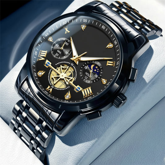 Montre Mécanique Automatique Homme | Acier Inoxydable, Phase de Lune & Date