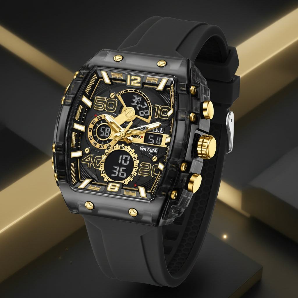 Montre Sport Homme - Électronique Carrée, Double Affichage, Étanche & Lumineuse