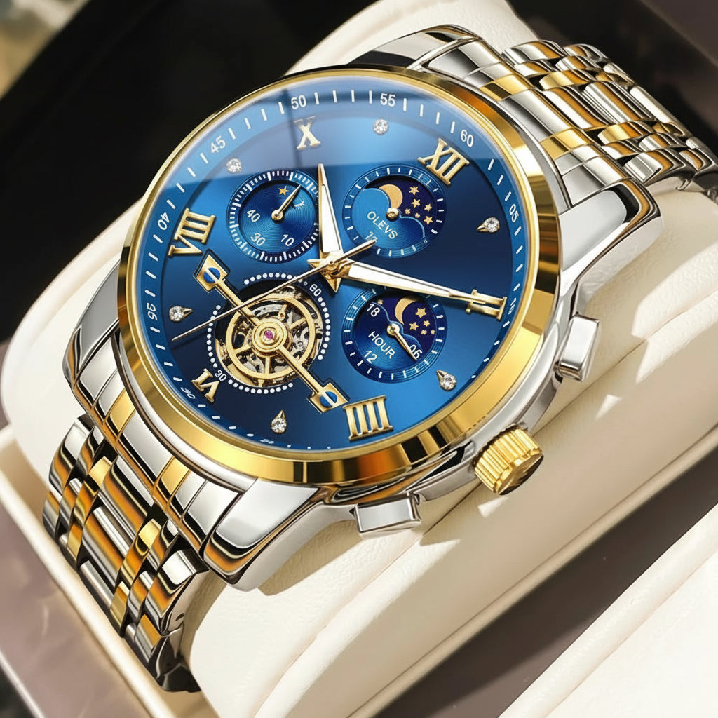 Montre Mécanique Automatique Homme | Acier Inoxydable, Phase de Lune & Date