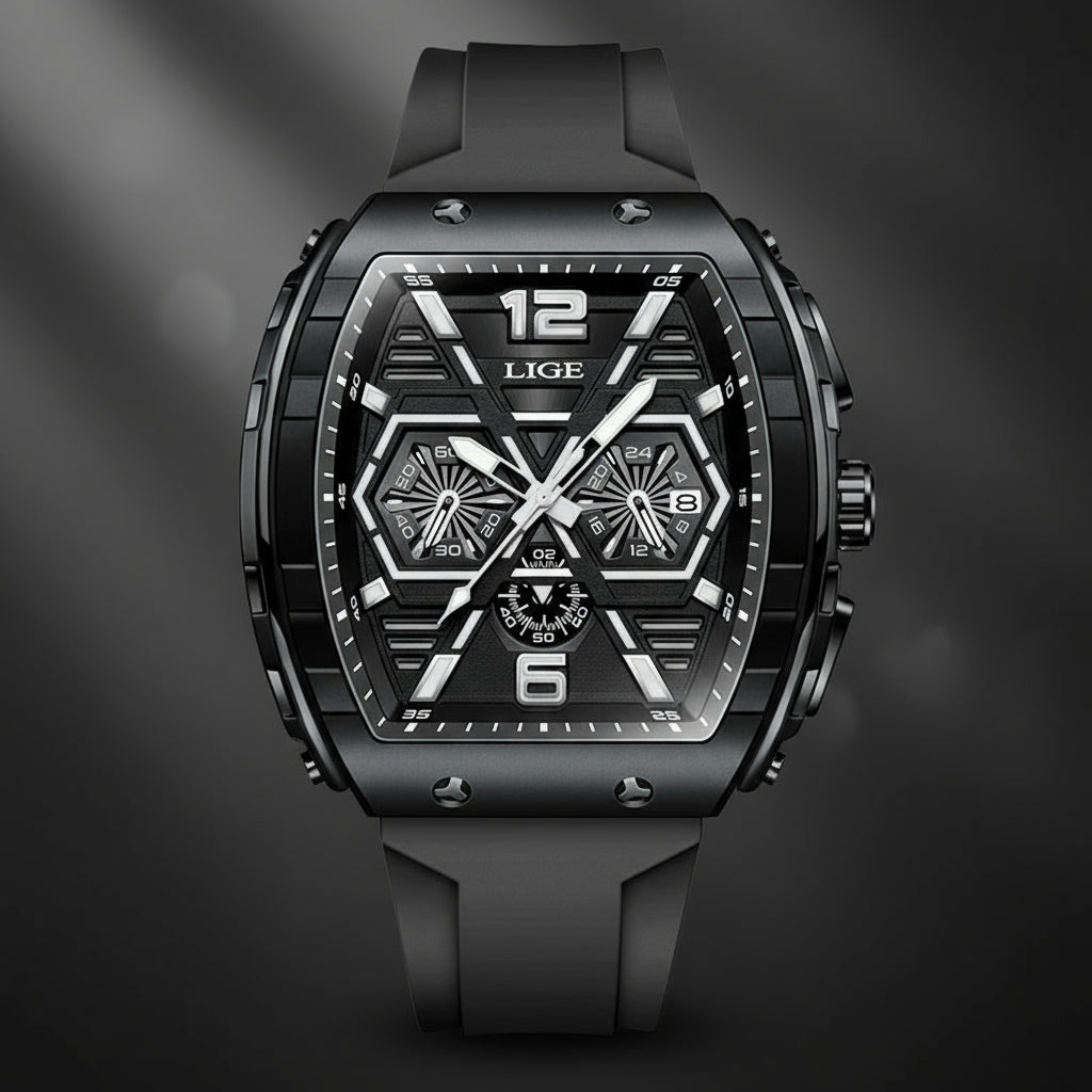 Montre Homme Carrée, Chronographe, Étanche & Luminous Forte (+Coffret)