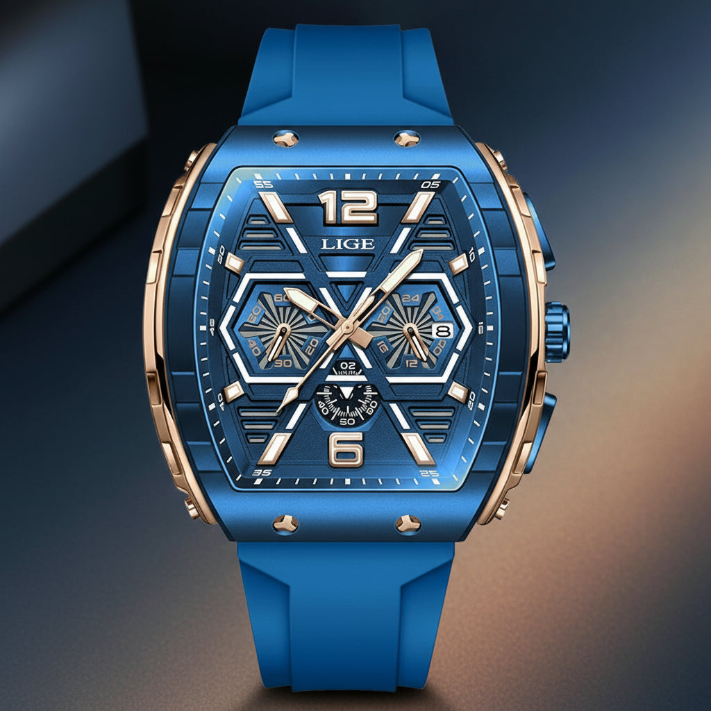 Montre Homme Carrée, Chronographe, Étanche & Luminous Forte (+Coffret)