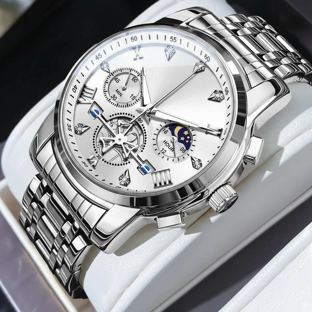 Montre Mécanique Automatique Homme | Acier Inoxydable, Phase de Lune & Date