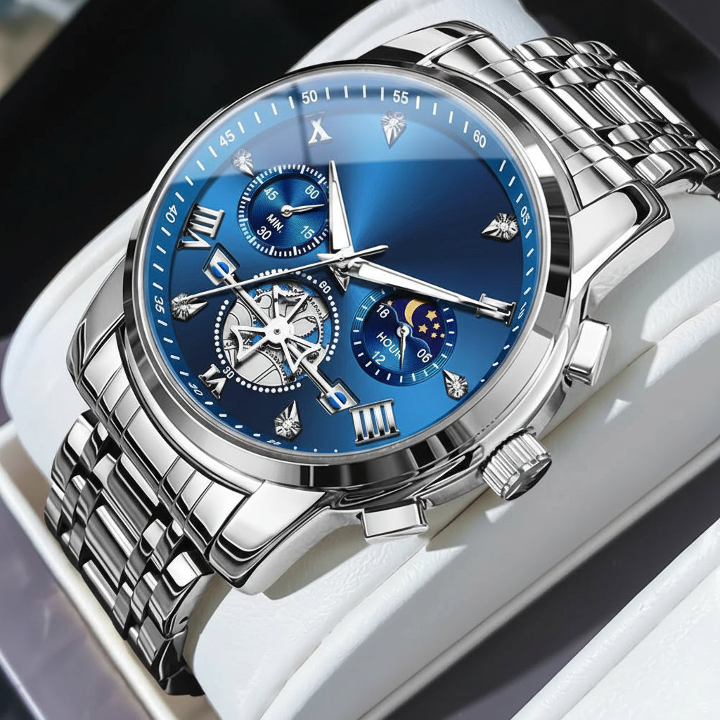 Montre Mécanique Automatique Homme | Acier Inoxydable, Phase de Lune & Date