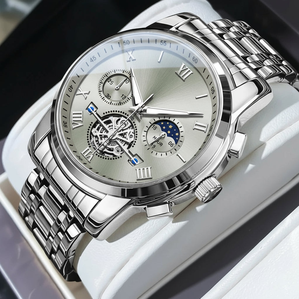 Montre Mécanique Automatique Homme | Acier Inoxydable, Phase de Lune & Date