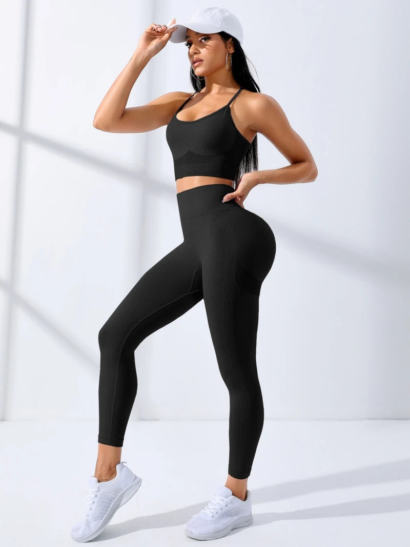 Ensemble Yoga Seamless 2 Pièces Femme | Fines Bretelles, Stretch & Legging Taille Haute