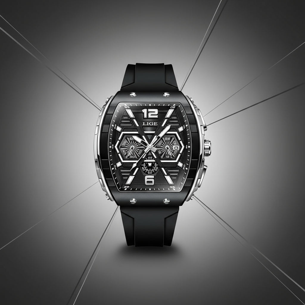 Montre Homme Carrée, Chronographe, Étanche & Luminous Forte (+Coffret)