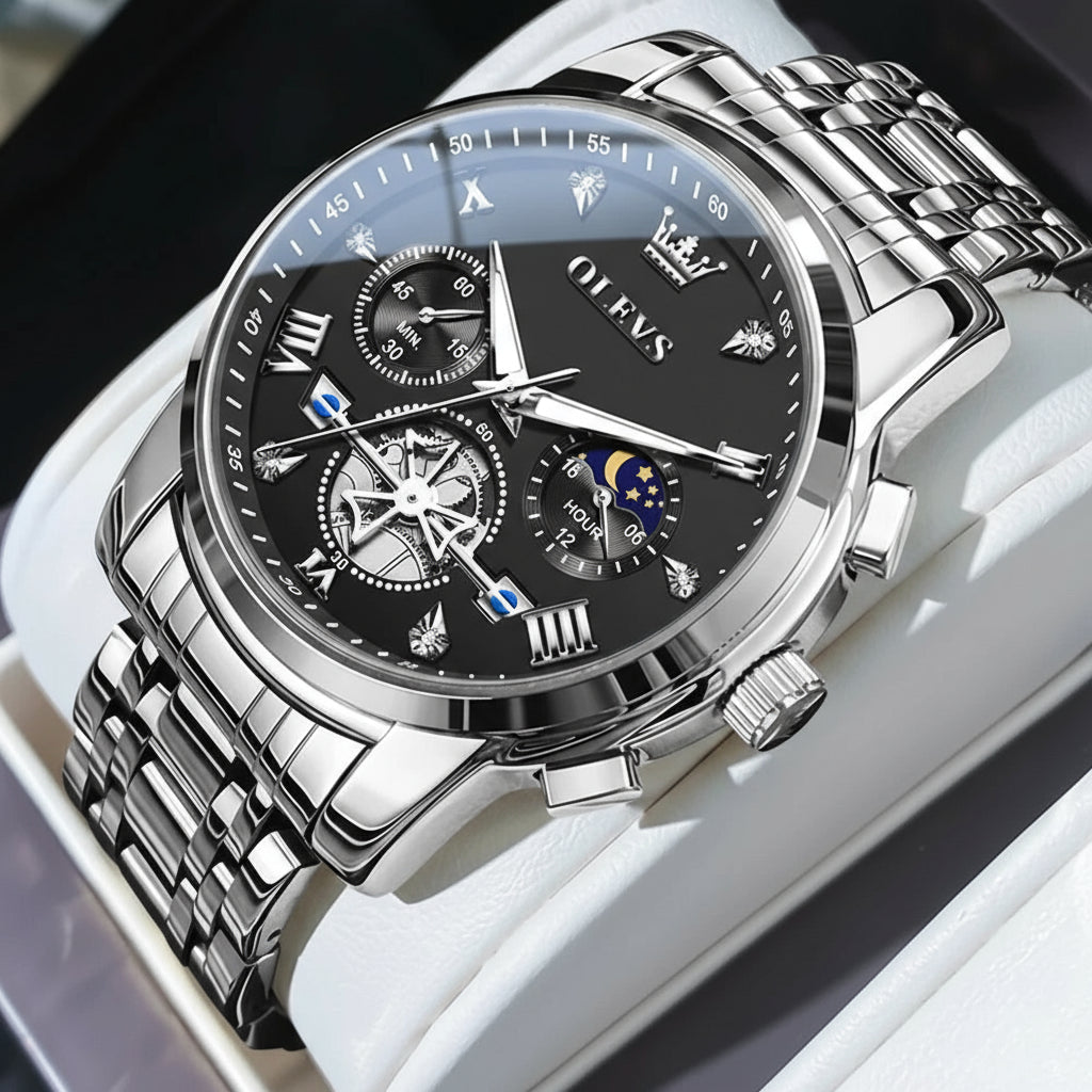 Montre Mécanique Automatique Homme | Acier Inoxydable, Phase de Lune & Date