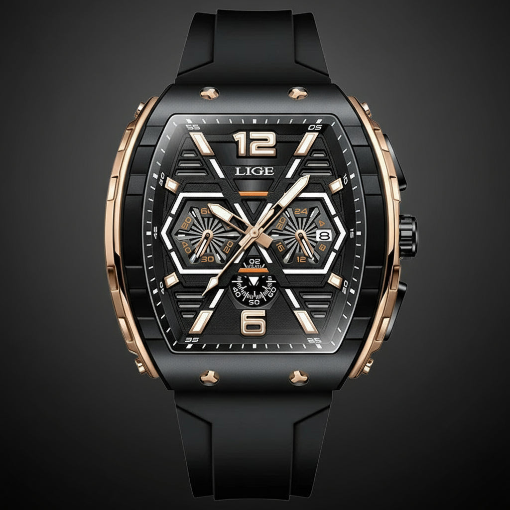 Montre Homme Carrée, Chronographe, Étanche & Luminous Forte (+Coffret)