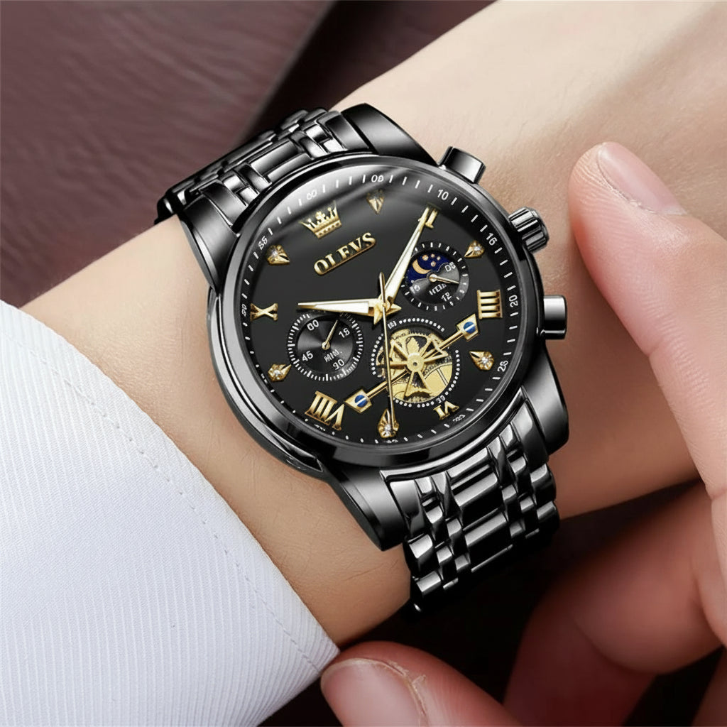 Montre Mécanique Automatique Homme | Acier Inoxydable, Phase de Lune & Date