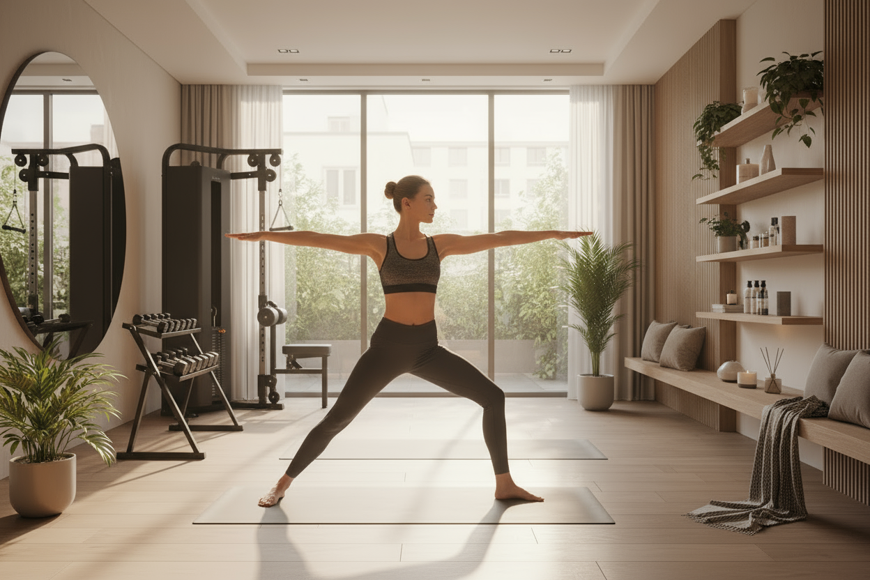 Femme en pose de yoga dans studio sophistiqué